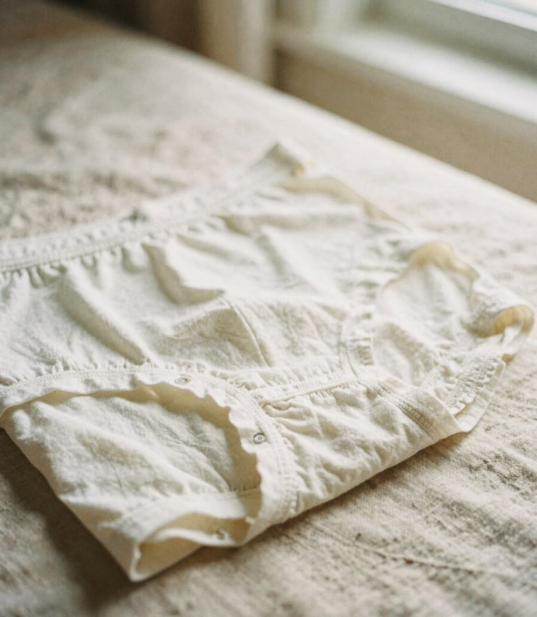 Soft film photography, close-up details of clean, folded organic cotton underwear on warm beige linen sheet, soft morning window light, 35mm.