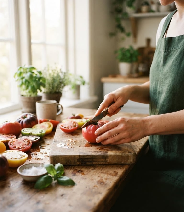 Soft natural scandinavian window light illuminating hands prepping raw heirloom tomatoes on a wooden table, warm editorial food photography, shallow depth of field, 35mm