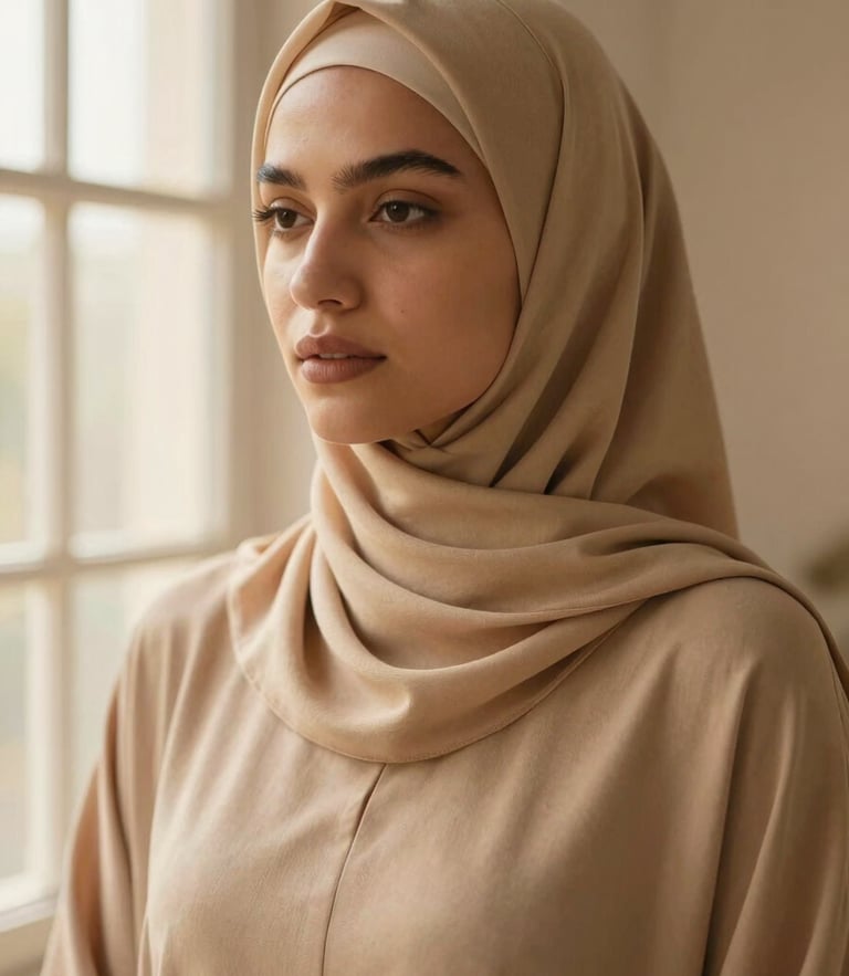 Close-up of a premium soft modal hijab in a warm sand tone, draped elegantly on a model with warm skin undertones, soft natural window lighting, 35mm photography