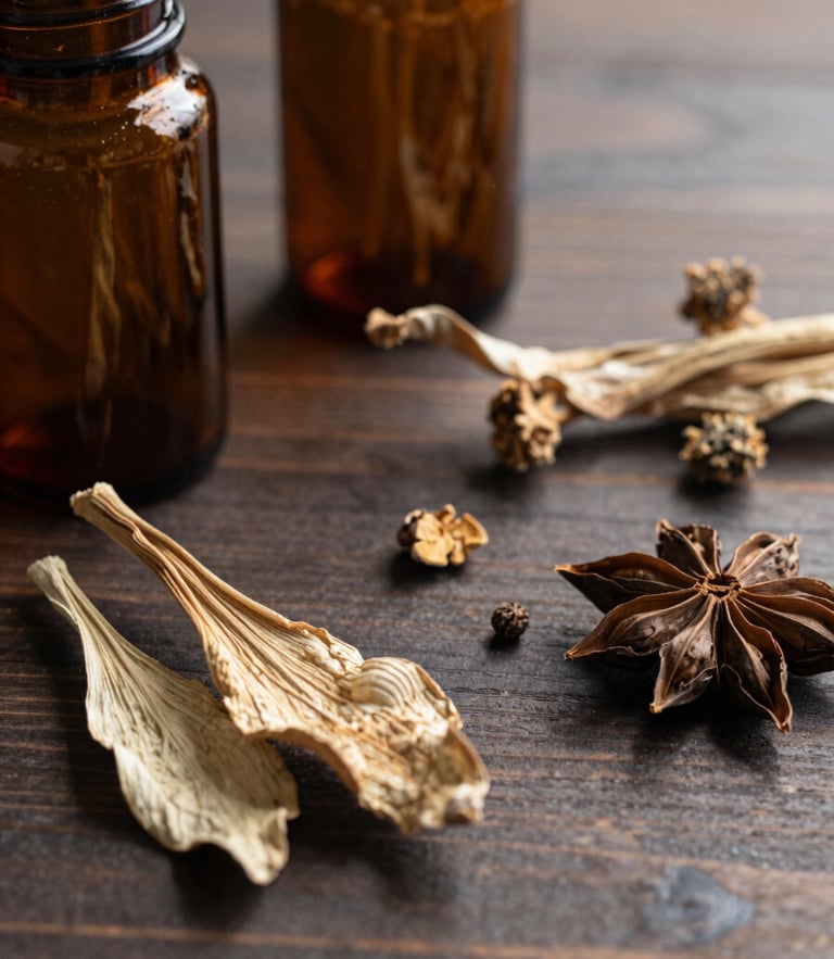 Macro shot of dried botanicals and amber glass jars on a dark wooden table, soft diffused daylight, natural shadows, editorial styling.