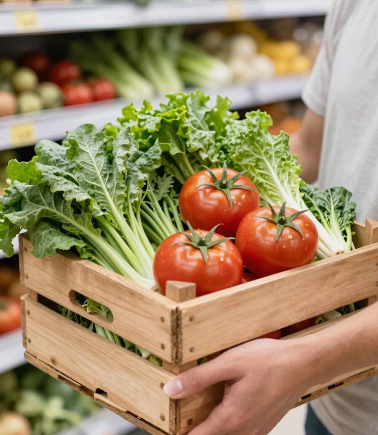 Warm editorial photography of hands holding a wooden crate full of fresh vibrant greens and tomatoes, bright natural daylight, 35mm