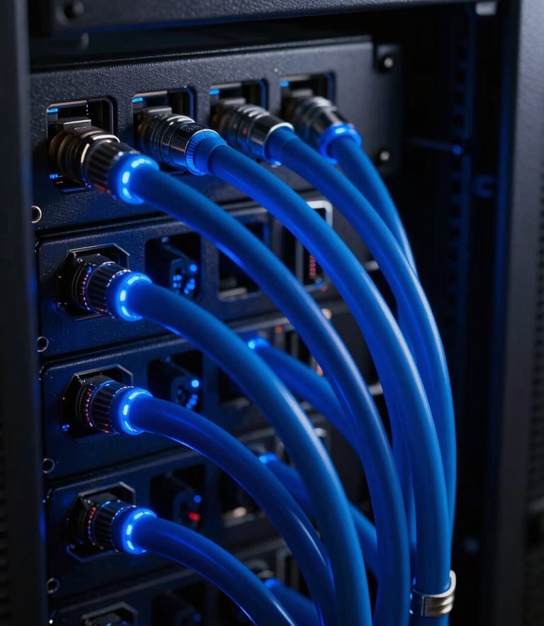 Macro photograph of deep blue glowing fiber optic cables running through a dark metallic server rack, high contrast, cinematic 35mm