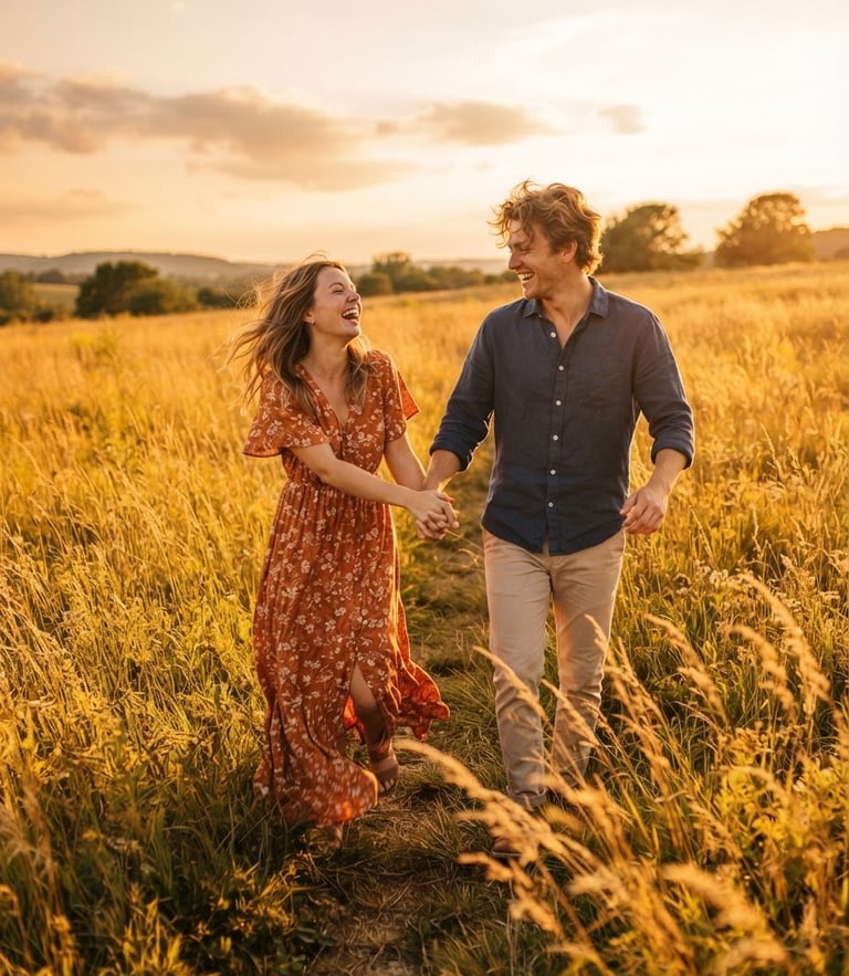 Warm cinematic outdoor portrait of a laughing couple walking hand-in-hand through a sun-drenched golden field, low-angle shot, 35mm film look