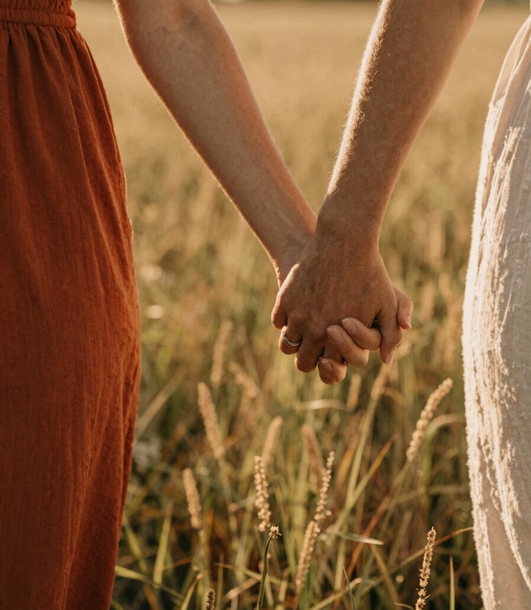 Close-up of a couple's hands gently clasped while walking through a sun-drenched field of wild grass, warm golden hour light, shallow depth of field, 35mm film look