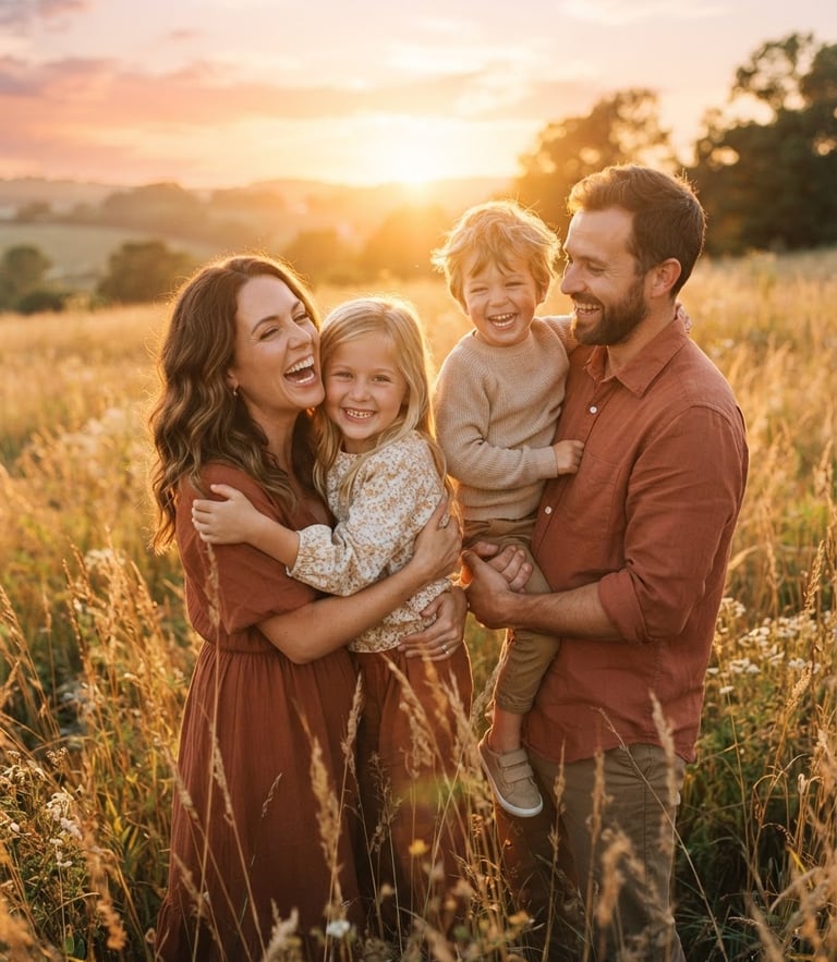 A warm environmental portrait of a family laughing together in a golden-hour field, backlight creating a soft lens flare, rich terracotta tones, cinematic 35mm film look