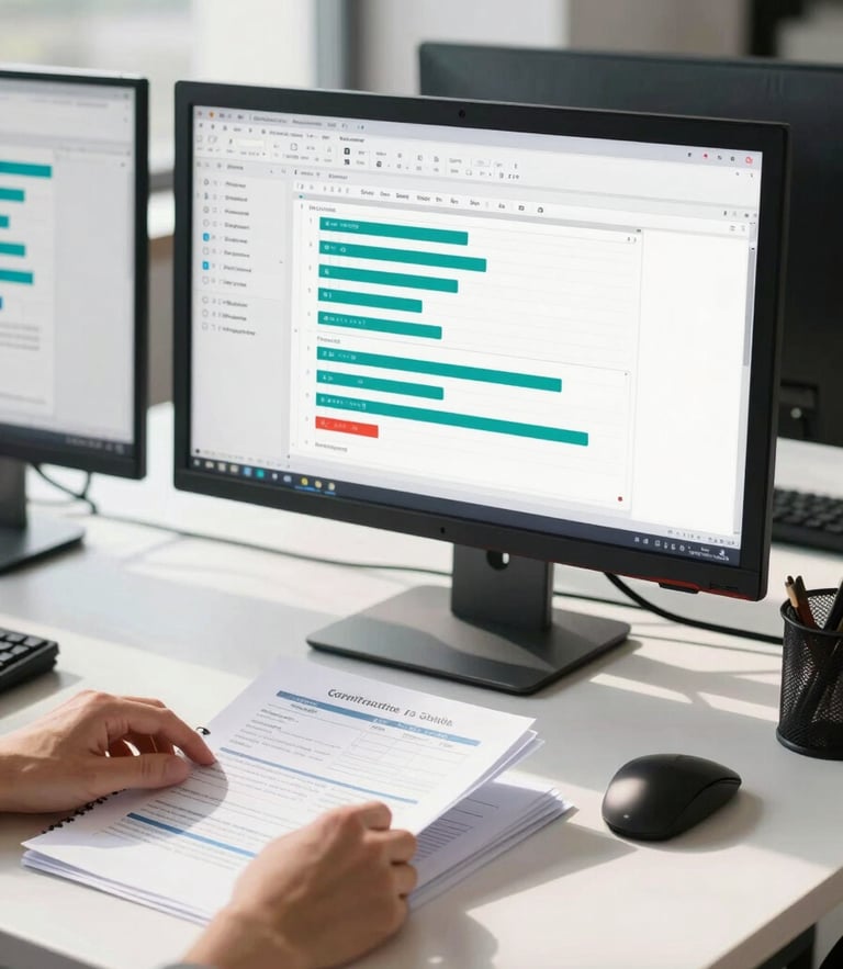 Bright daylight office workspace, a clean desk with dual monitors displaying a structured CRM dashboard and automated pipeline, hands organizing documents on the side, natural high contrast.