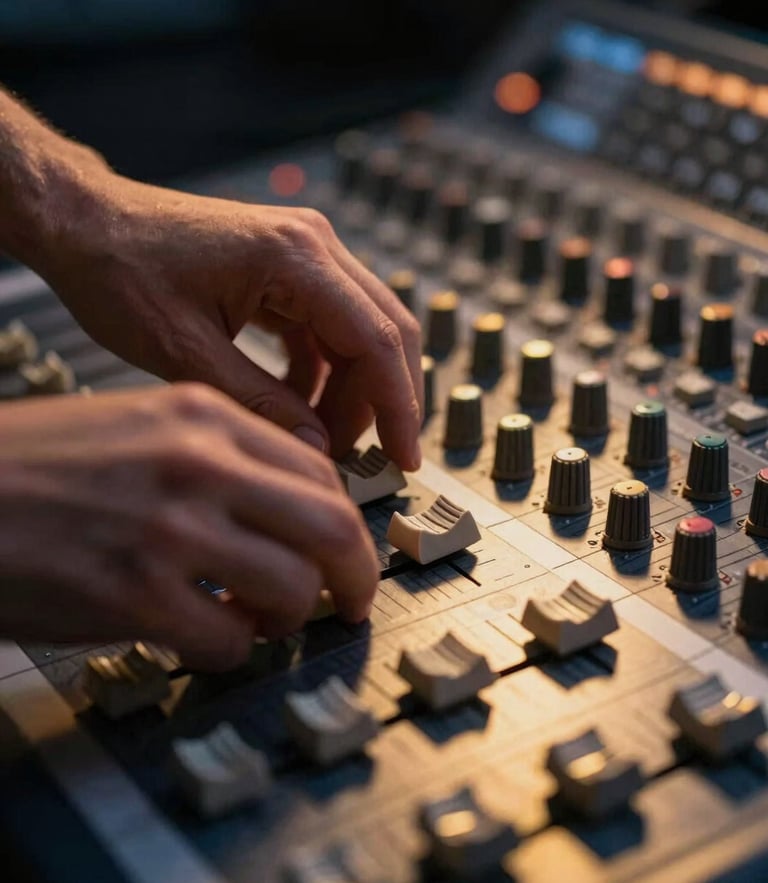 Close-up of hands adjusting a professional mixing console, warm golden studio light reflecting on faders, shallow depth of field, professional 35mm