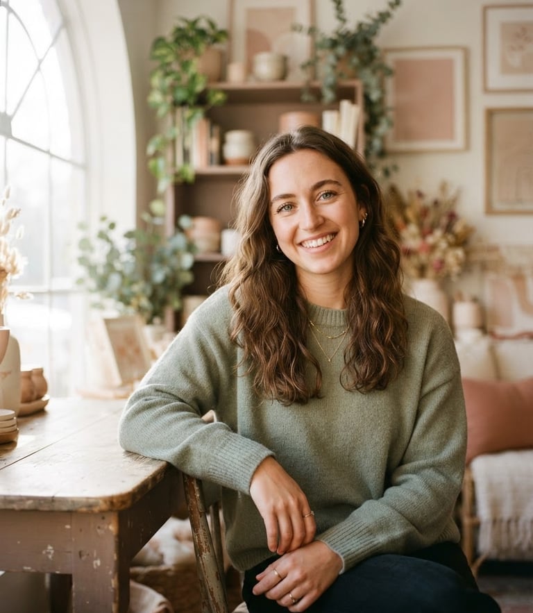 A warm portrait of Amy smiling in a sunlit boutique studio, soft natural window light, muted blush and sage tones, shallow depth of field, 35mm photography