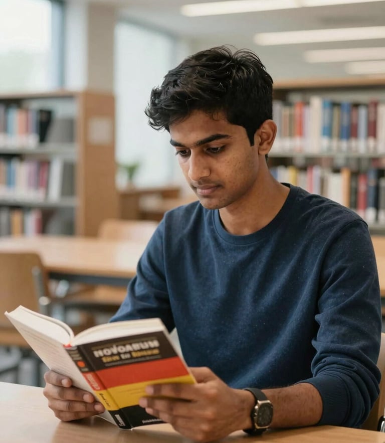 Candid portrait of an Indian student focused on German textbooks in a modern, sunlit library in Cologne, clean neutral daylight, professional setting.