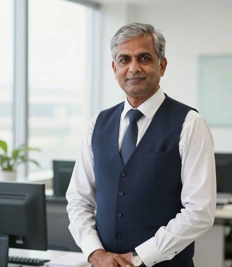 A professional portrait of a senior Indian chartered accountant in a modern, bright office in Gurugram, natural daylight, navy and white accents, sharp focus, corporate editorial style