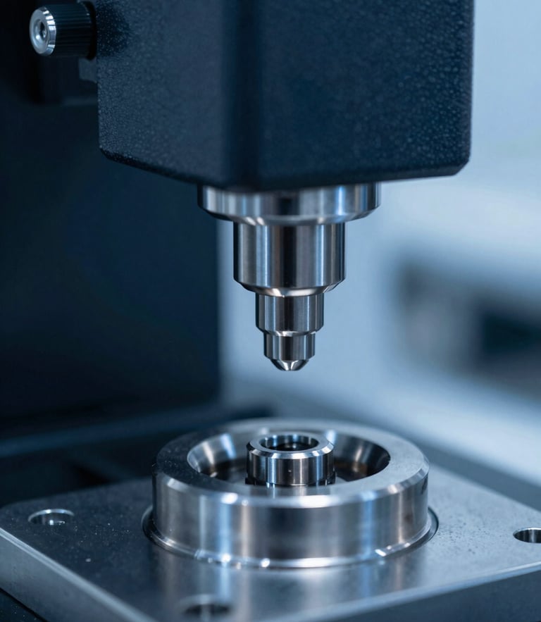 A high-precision coordinate measuring machine inspecting a machined steel component, cool blue lighting, metallic reflections, extreme close-up, 35mm