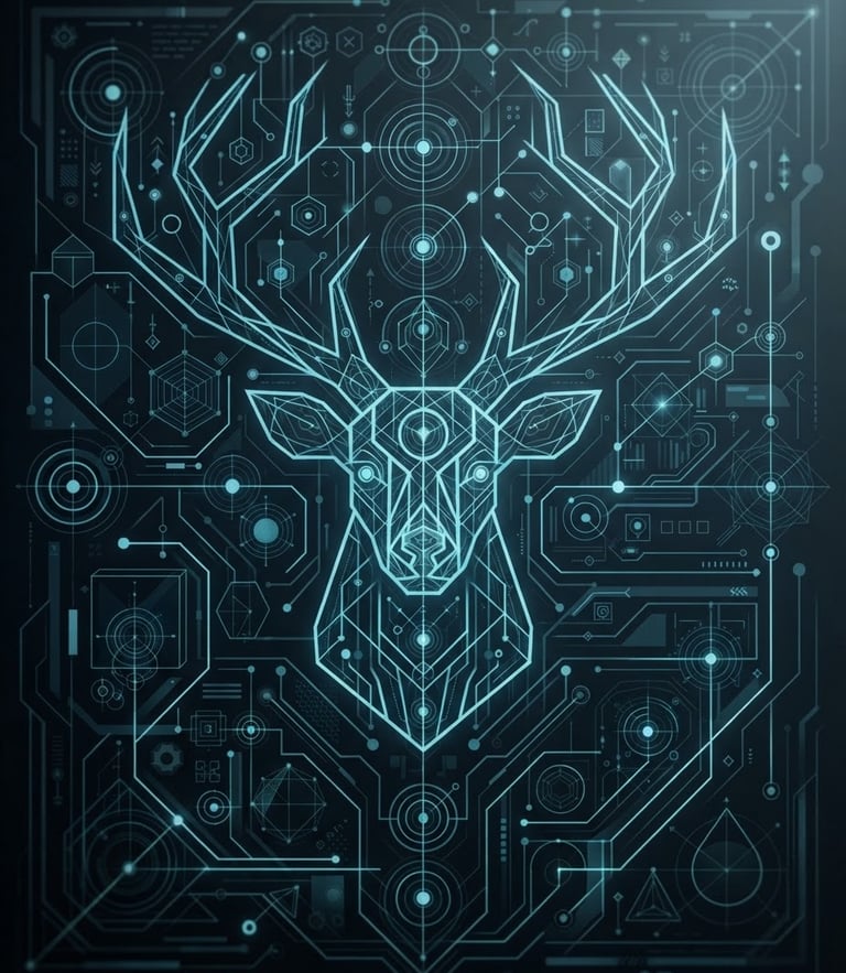Abstract vector schematic of the Azure Stag protocol, a complex geometric pattern in deep cyan and slate, illuminated by cold terminal light, high contrast, heavy shadows.