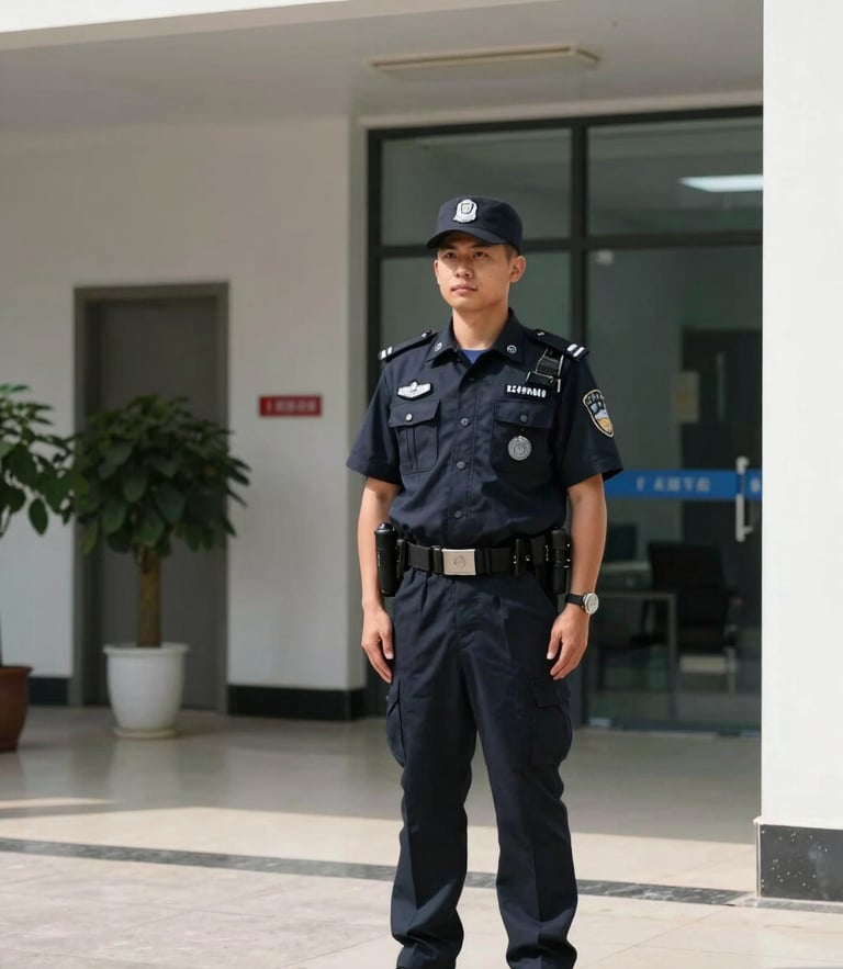 Crisp corporate photography, bright natural daylight, a uniformed security professional standing alert in a modern building lobby, 35mm