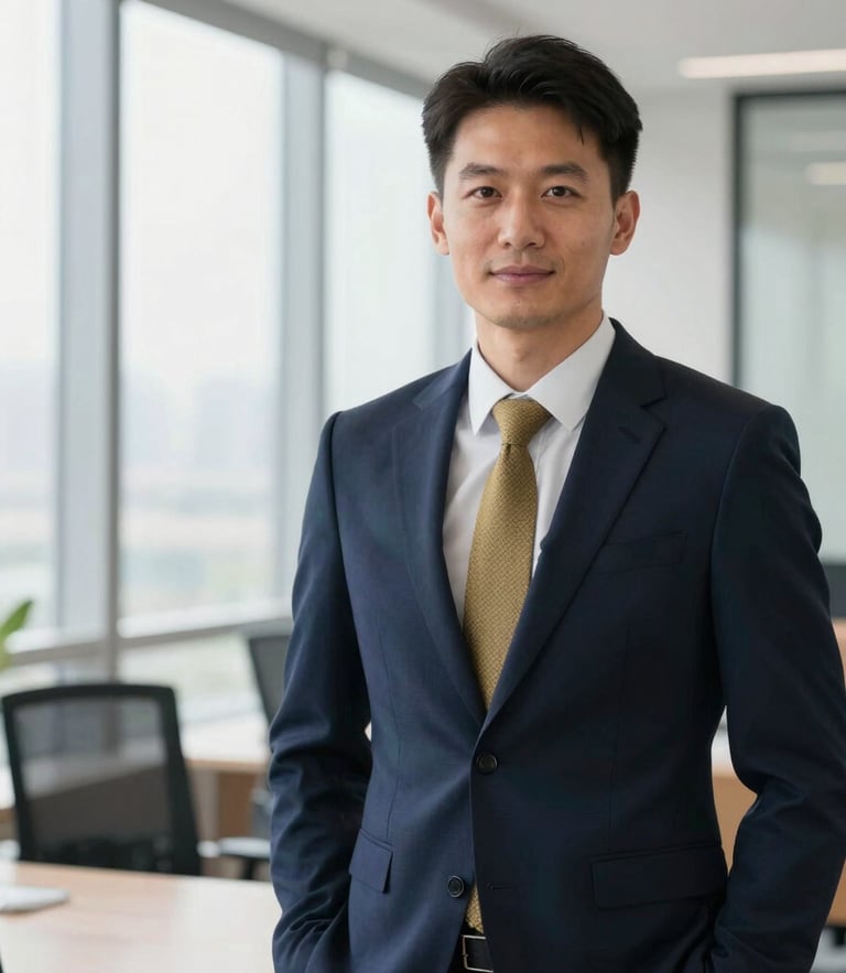 Professional portrait of a corporate executive in a modern bright office, natural window light, deep navy attire, shallow depth of field, 35mm