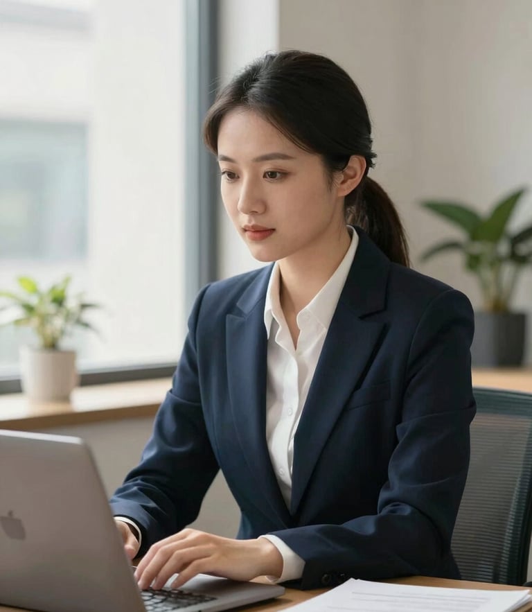 A professional portrait of a focused hiring consultant in a bright, modern office with soft natural window light, deep navy tones, shallow depth of field