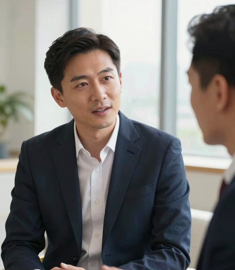 A medium close-up of two professionals in active discussion during an interview, bright natural window light, neutral architectural background, 35mm