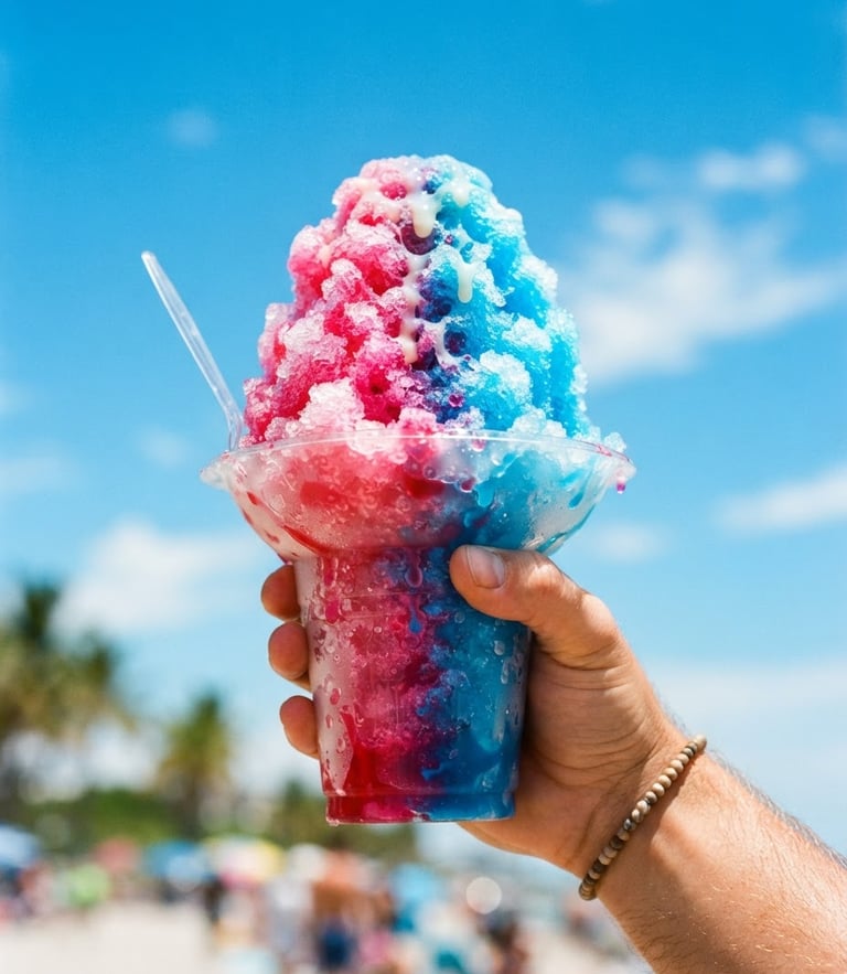 Vibrant close-up of a towering shaved ice cup drenched in bright pink and blue syrups, held by hand against a sun-drenched sky, direct summer sunlight, hard shadows, 35mm lens