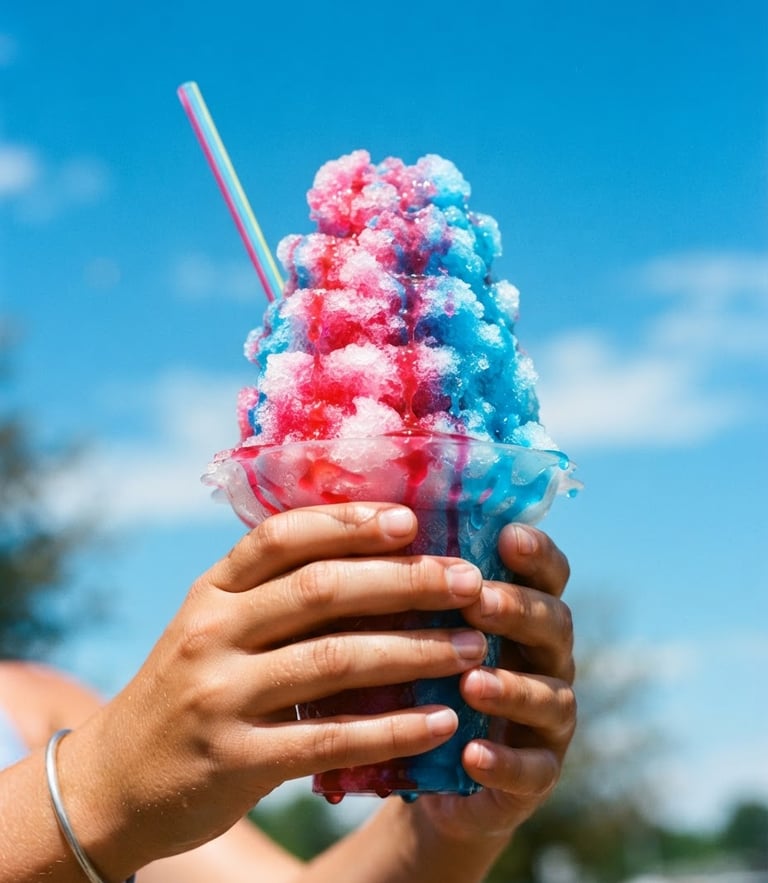 Close-up of a towering, colorful shaved ice cup dripping with bright pink and blue syrups, held by hands under direct, high-key summer sunlight with a vivid blue sky background.