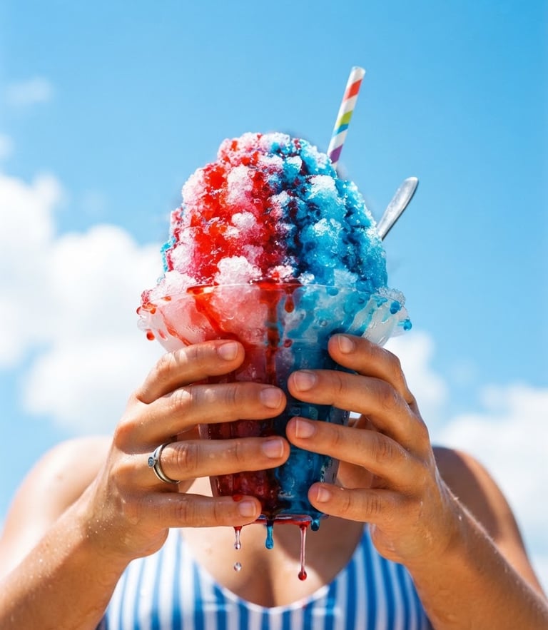Vibrant close-up of a towering cherry and blue raspberry shaved ice cup dripping with syrup under direct brilliant summer sunlight, hands holding the treat against a bright blue sky, high-key food photography