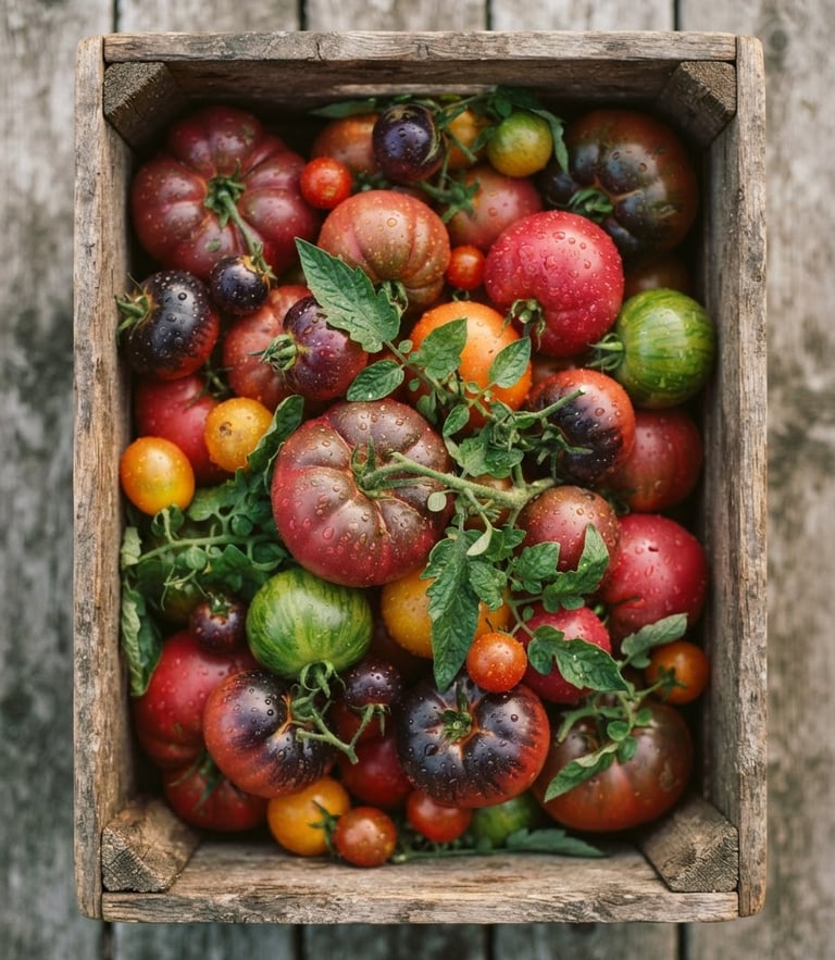 Overhead shot of freshly harvested heirloom tomatoes in a wooden crate, soft morning dew, natural overcast daylight, rich crimson and forest green tones, shallow depth of field, 35mm
