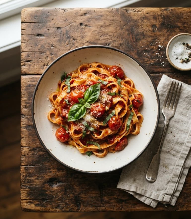Overhead flat lay of a rustic wooden table, a single bowl of hand-rolled pasta with rich crimson heirloom tomato sauce, fresh basil leaf, moody natural window light casting soft shadows, 35mm photography, warm tones.