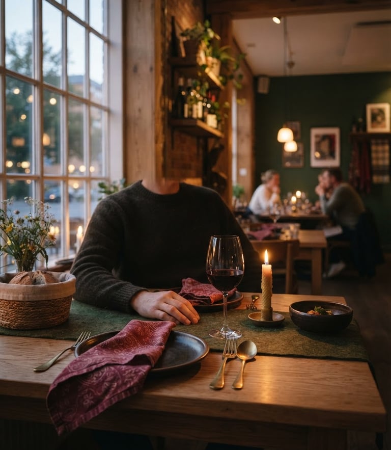 Cozy Scandinavian-style restaurant dining room at dusk, soft natural window light casting moody shadows on a rustic wooden table, rich crimson accents, shallow depth of field, 35mm photography.