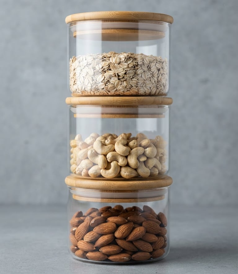 Straight-on clean product photography of stacked glass storage jars with bamboo lids, bright studio lighting, crisp reflections on glass, cool gray background