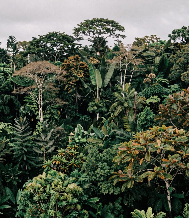 Wide environmental shot of lush Papuan forest canopy in Mimika, natural overcast daylight, deep forest greens, cinematic film look