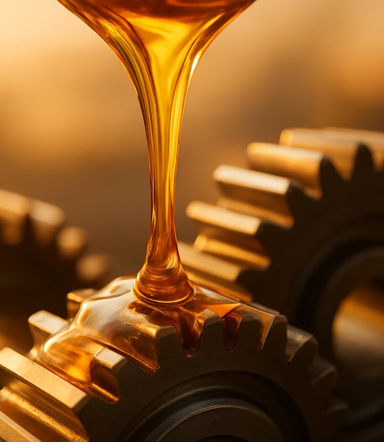 Macro close-up of amber-colored high-viscosity oil pouring smoothly over clean steel gears, backlit golden hour lighting, 35mm
