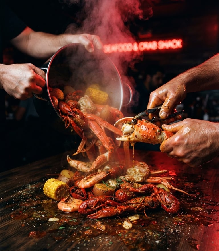 Dramatic close-up of a steaming seafood boil being poured onto a dark table under high-contrast red neon lighting, hands cracking a crab claw, glistening chili oil textures, 35mm