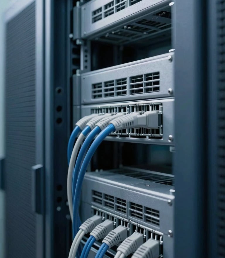 Crisp architectural close-up of structured network cabling and secure server racks, cool daylight, deep blue and metallic gray tones, 35mm
