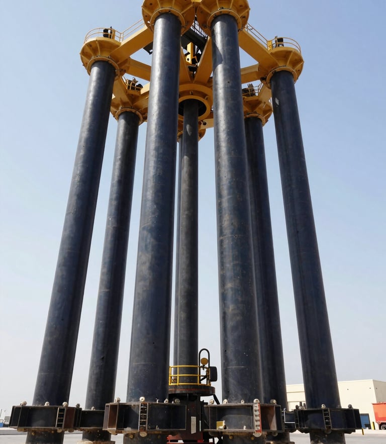 Low-angle heavy marine piling rig operating at an Abu Dhabi harbor site, massive steel columns driven into the seabed, bright daylight, professional architectural framing