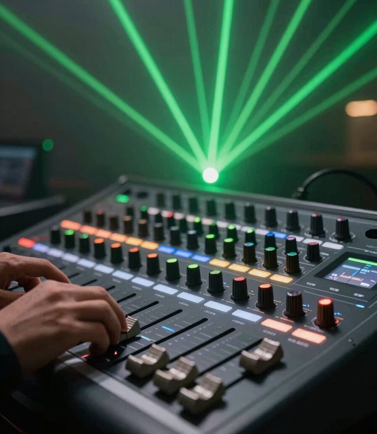 Close-up of a professional lighting console and VJ controller in a nocturnal booth, fingers adjusting faders, vivid green geometric laser beams cutting through thick haze in the background.