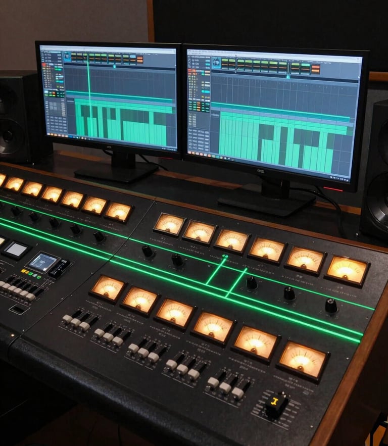 Wide-angle perspective of a dark music production studio, glowing hardware meters, digital audio workstation on dual monitors displaying rendering suite timelines, sharp green laser-like accent lines reflecting off polished surfaces.