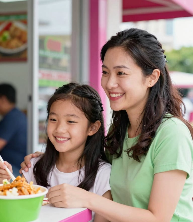 Warm candid portrait of a mother and her student daughter smiling together near a bright takeaway window, soft natural daylight, magenta accents, shallow depth of field
