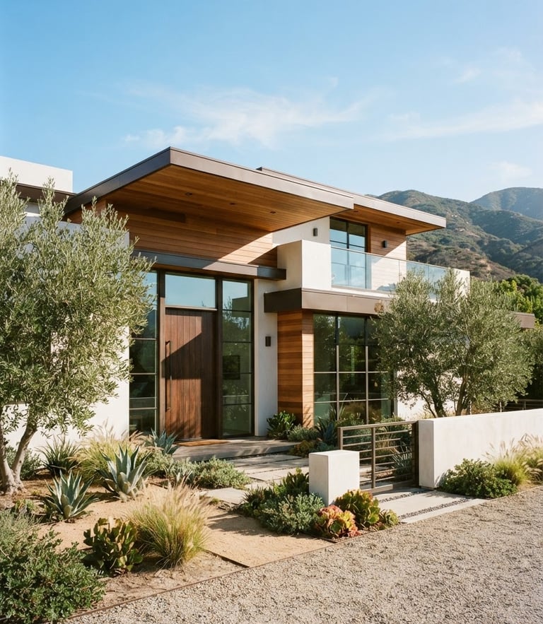 Bright natural Southern California sunlight illuminating a modern architectural home exterior in Arcadia, clean lines, warm neutral tones, professional editorial 35mm photography.