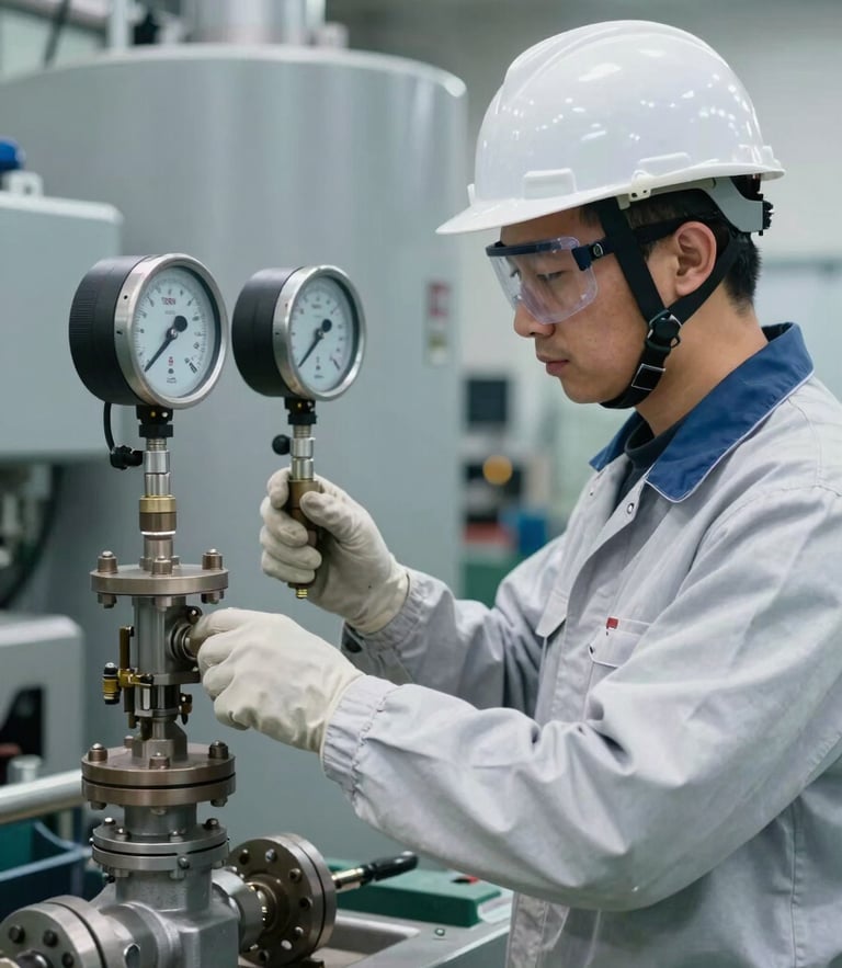 Industrial portrait of a technician in full safety gear calibrating a physical flow control valve, clean bright daylight, sharp focus on the instrumentation, steel-gray machinery in the background.