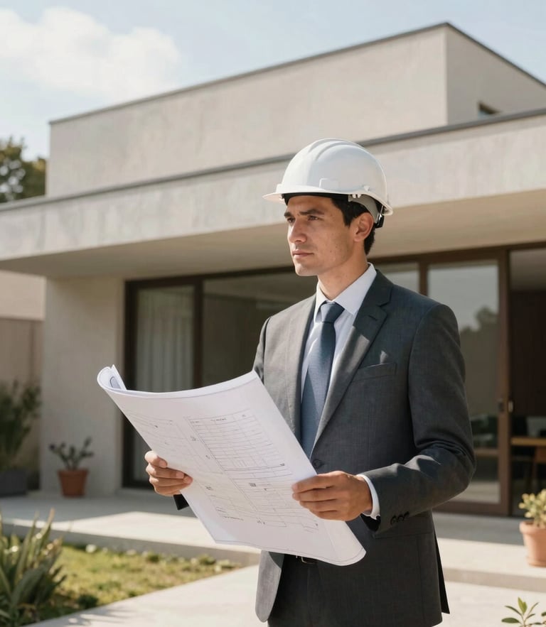 Professional architect holding blue prints in front of a modern minimalist house in Cuernavaca, bright natural daylight, warm tones, 35mm
