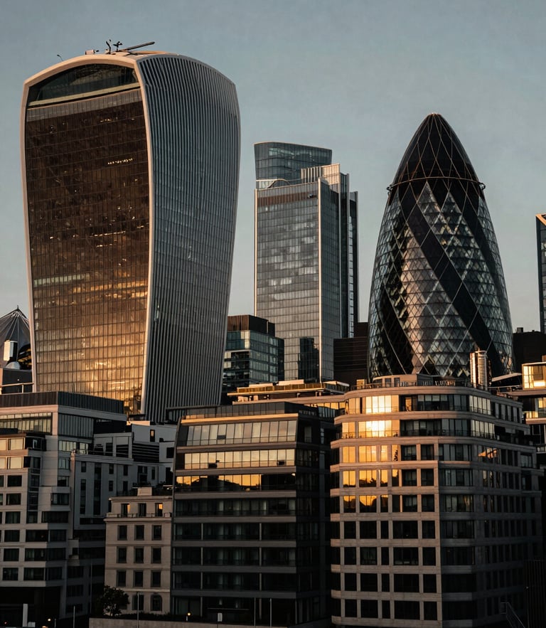 Wide architectural angle of the London financial district skyline at golden hour, deep charcoal shadows, warm light reflecting off glass facades, 35mm.