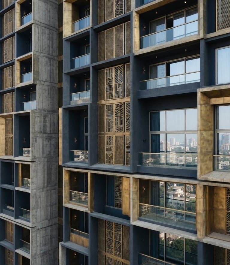 Architectural detail of a modern residential tower facade in Mumbai, sharp focus, crisp natural daylight, clean geometric concrete and brass panels, 35mm