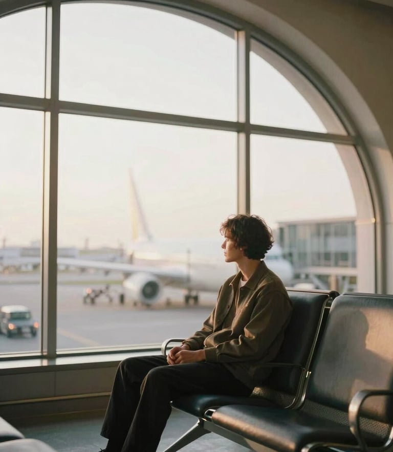 A serene traveler sitting by a large arched window in a quiet airport lounge, soft natural golden hour light, warm editorial tones, 35mm film aesthetic.