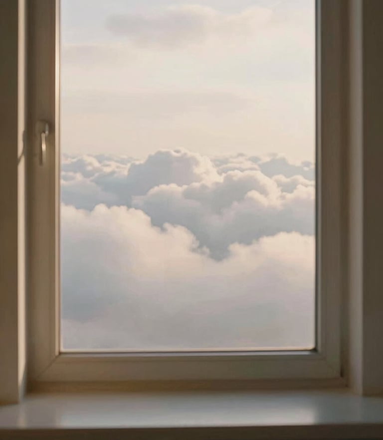A serene window-seat view of soft white clouds during golden hour, warm light filling the frame, clean minimalist aesthetic, 35mm film style
