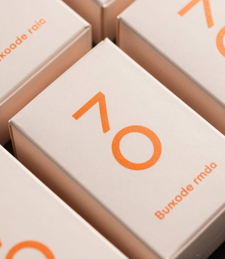 Macro top-down shot of premium matte-finish cosmetic boxes with sharp orange typography, soft studio lighting.