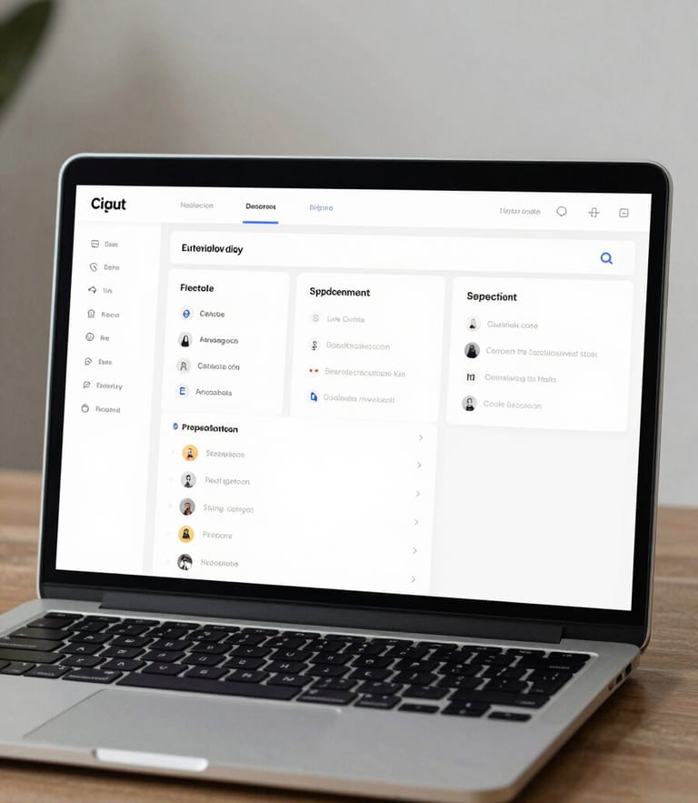 High-fidelity UI mockup of a clean dashboard interface framed in a sleek metallic laptop body, bright daylight studio lighting.