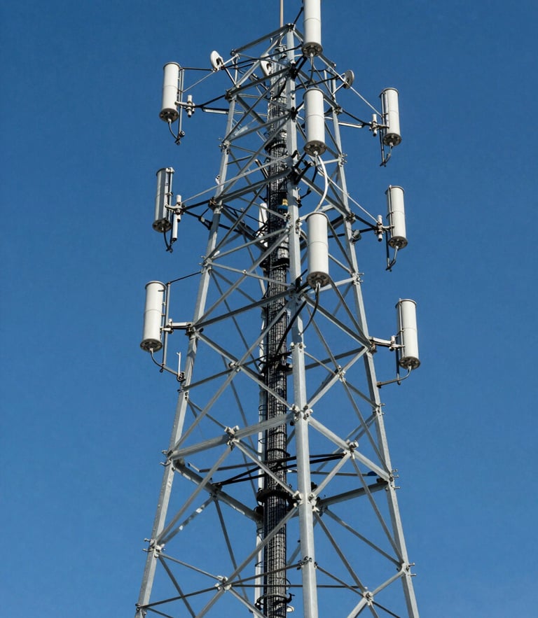 Low-angle heroic shot of a transmission tower against a clear blue sky, sharp focus, professional industrial photography