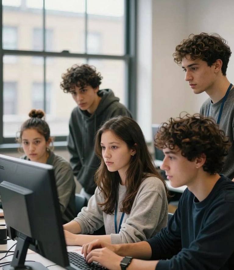 Medium-close shot of diverse young Londoners collaborating around a screen in a bright East London community tech lab, natural daylight from a large window, unposed and focused expressions.