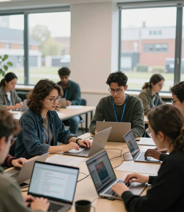 A diverse group of adult learners in a brightly lit Stratford community center collaborating over a machine learning workshop, natural overcast daylight from large windows.