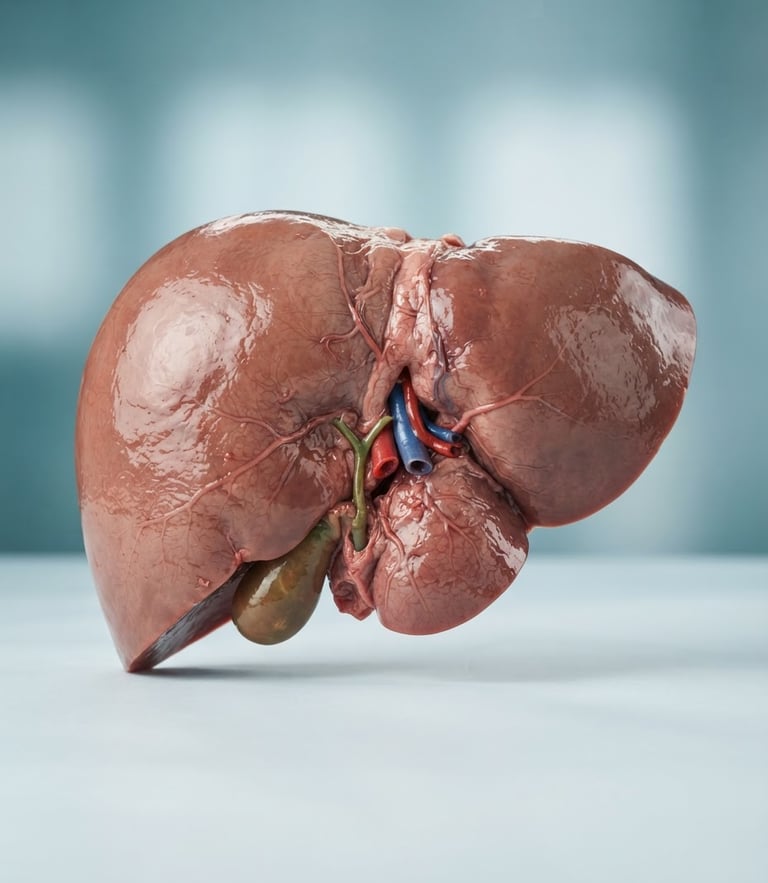 Professional medical illustration of a healthy liver, clean clinical background with soft teal and blue tones, bright high-key studio lighting, 35mm