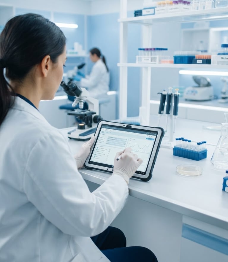 Over-the-shoulder shot of a clinical coordinator typing on a secure tablet interface in a bright, white-balanced laboratory setting, soft blue accents.