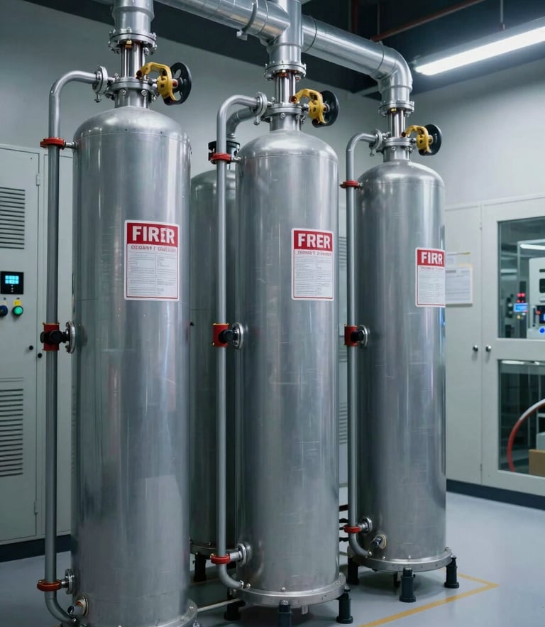 Wide shot of a modern clean agent fire suppression system cylinder bank in a pristine electrical room, sharp technical focus, dramatic industrial lighting